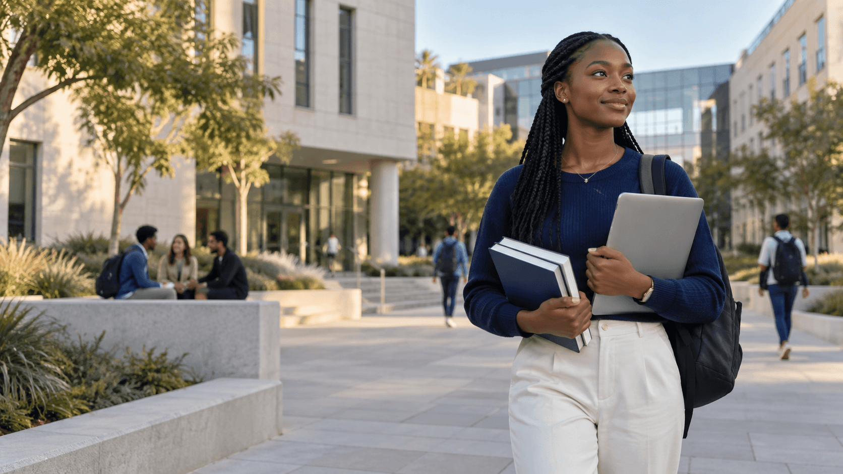 Student walking through a modern international university campus