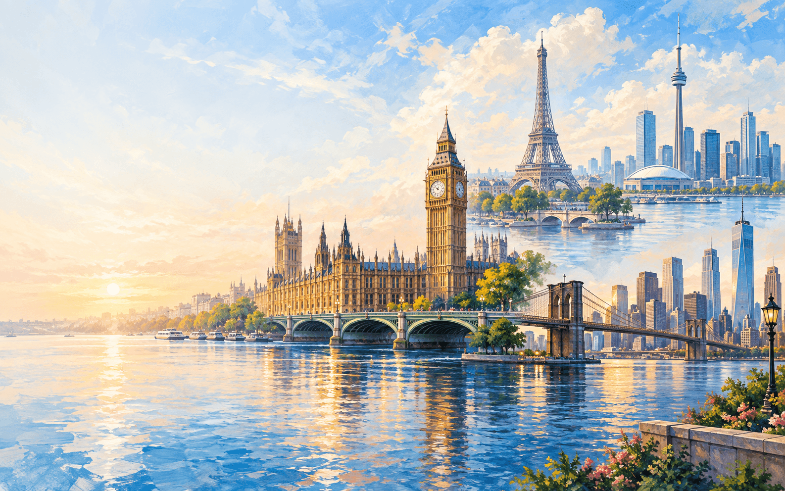 Painterly skyline featuring London, Paris, Toronto and New York